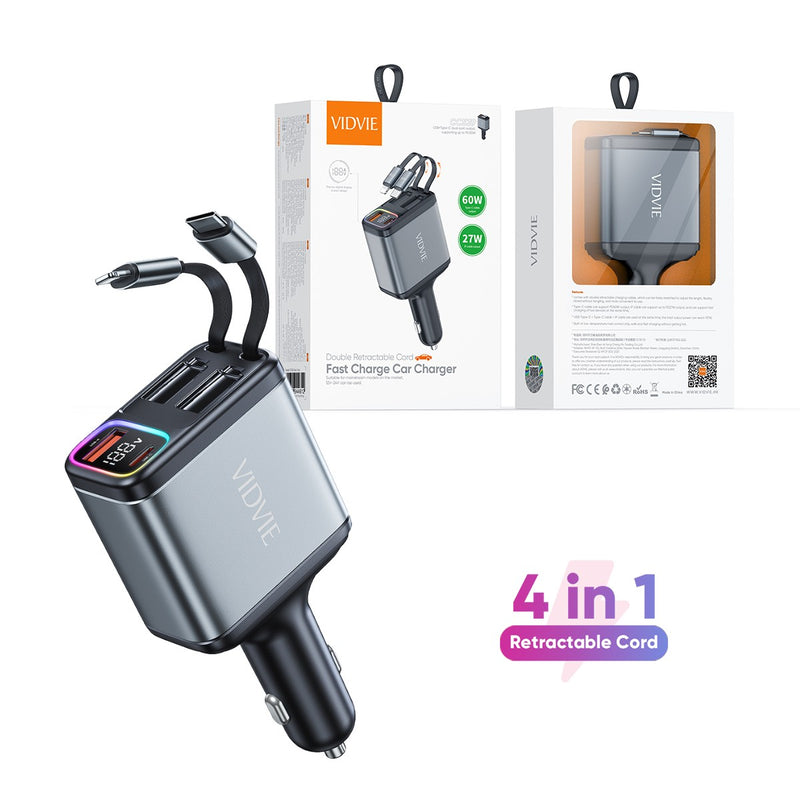 CC539  Chargeur de voiture à charge rapide avec double cordon rétractable