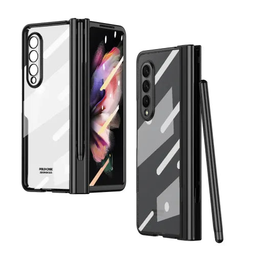 Compatible for Samsung Galaxy Z Fold 5 Case with S Pen, S Pen Holder + Screen Cover + Luxury Plating All-Inclusive Anti-Drop Hinge Protection Clear Cover Case for Galaxy Z Fold 5 5G