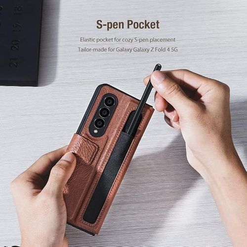 E-Sell Enterprise, Nillkin Aoge Leather Case for Samsung Galaxy Z Fold 4 (7.6" Inch) Premium Faux Leather Flip Cover with S-Pen Holder, Magnetic Closure Kickstand for Galaxy Z Fold 4