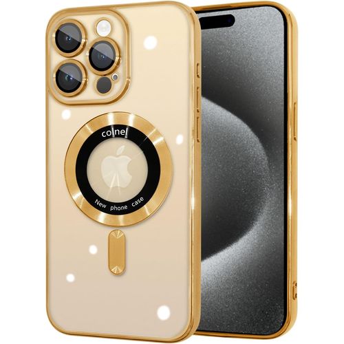 Compatible with iPhone 15 Pro Max Case with Camera Lens Protector, [Compatible with MagSafe] Plating Gold Edge Soft TPU Protective, Crystal Clear Case for iPhone 15 Pro Max