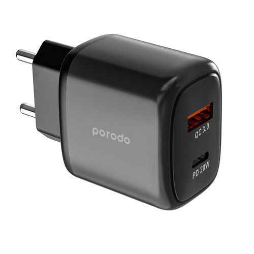 Porodo Dual Output USB-C PD And USB-A QC Quick Charger EU