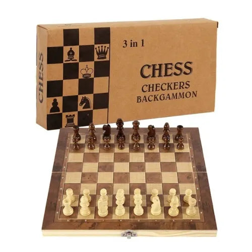 Jeu d'échecs pliable et portable 3 en 1 en bois avec échiquier et backgammon – 29 x 29 cm