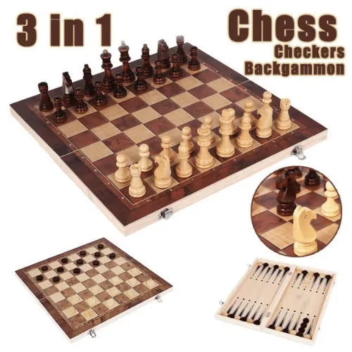 Jeu d'échecs pliable et portable 3 en 1 en bois avec échiquier et backgammon – 29 x 29 cm