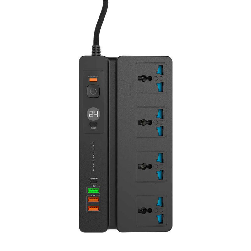 Powerology Prise universelle 4 AC 3 ports USB et prise multiport USB-C PD 35 W avec support de téléphone et minuterie, protection ignifuge, barrette d'alimentation avec rallonge adaptateur de prise murale 3M
