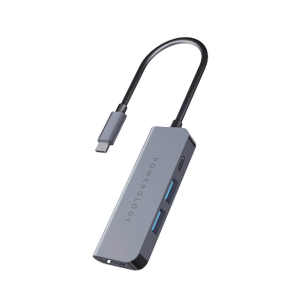 Powerology Hub USB-C 4 en 1 Charge & Sync en Aluminium avec HDMI 4K USB 3.0 60W PD